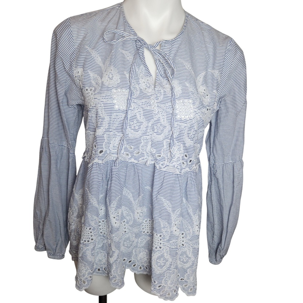LIV Los Angeles 100% Cotton Boho blue‎ & white striped blouse M